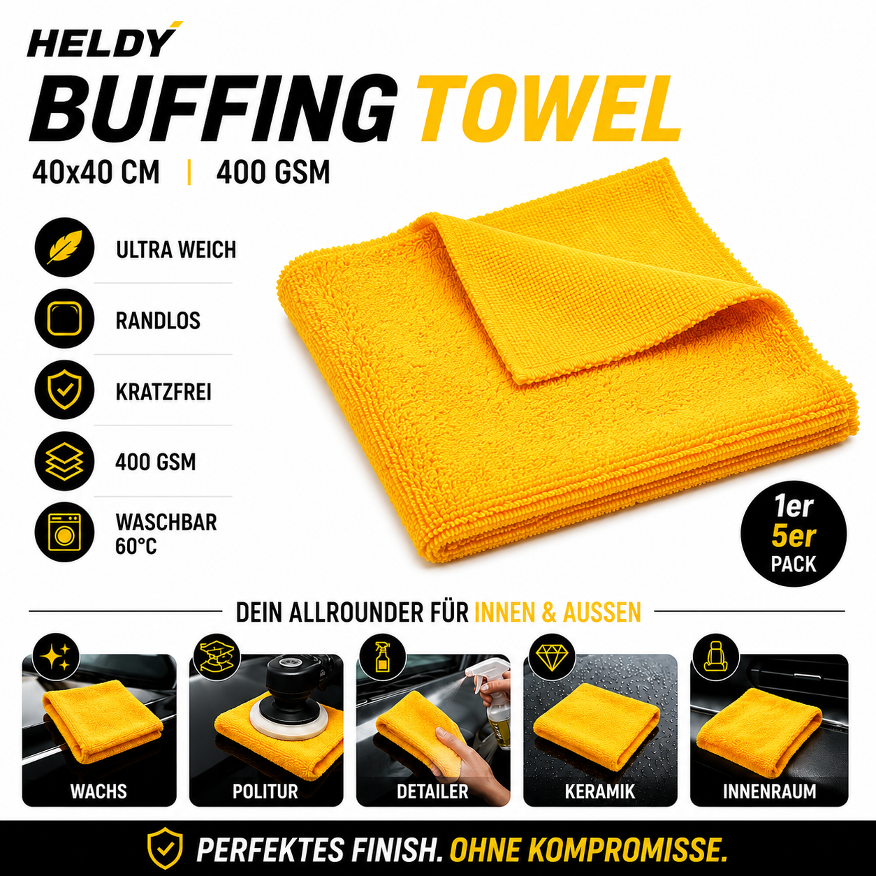 HELDY Buffing Towel 400gsm 40x40 cm – Premium Mikrofasertuch Gelb