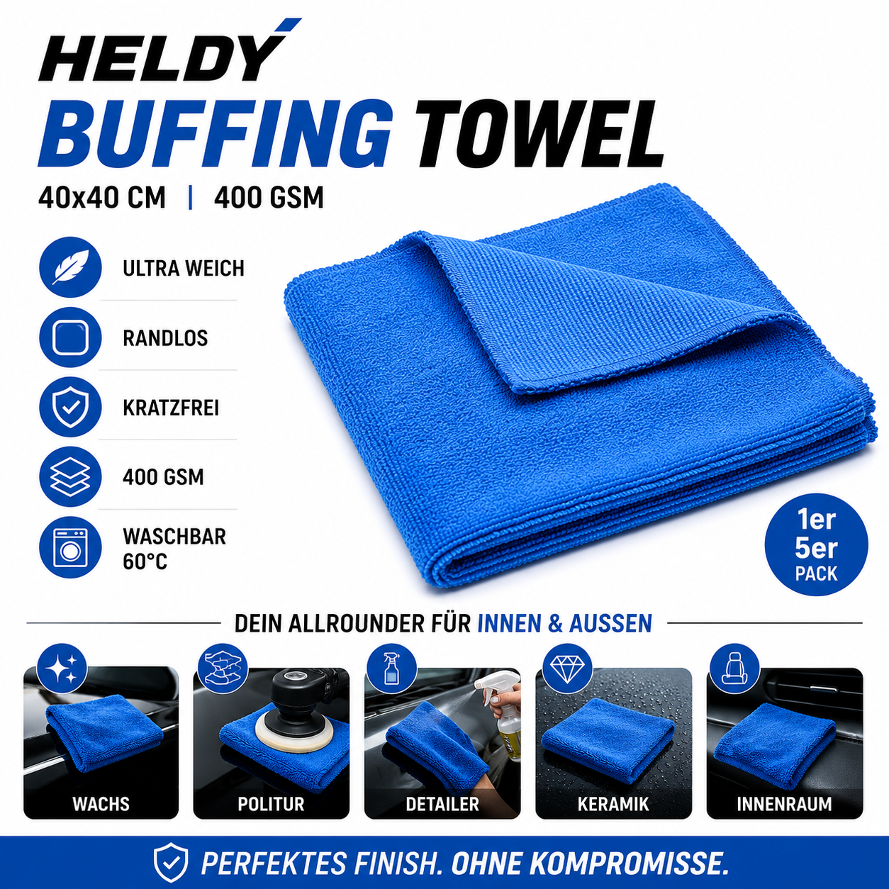 HELDY Buffing Towel 400gsm 40x40 cm – Premium Mikrofasertuch Blau