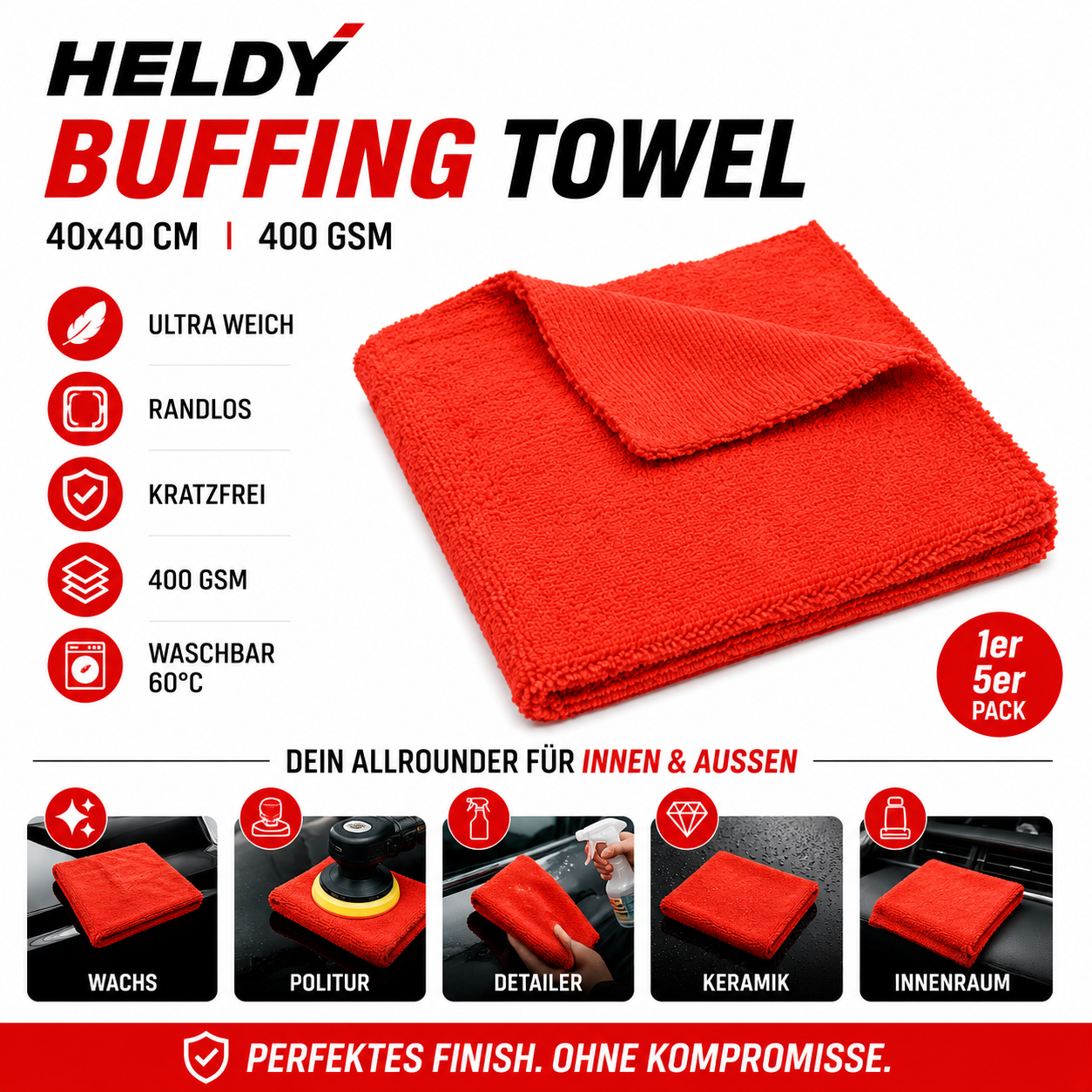 HELDY Buffing Towel 400gsm 40x40 cm – Premium Mikrofasertuch Rot