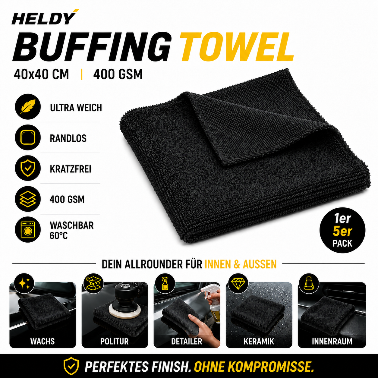 HELDY 50x Set Buffing Towel 400gsm 40x40 cm – Premium Mikrofasertuch Schwarz
