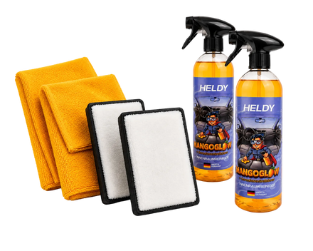 Innenraumreiniger Set 2x 750ml - Reinigt + Neutralisiert + Duftet | Inkl. 2x Mikrofasertuch & 2x Scrub Pad | Mangoglow Heldy