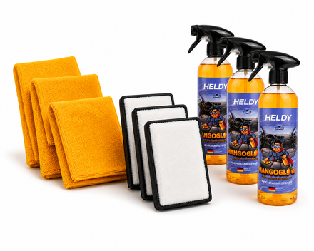 Innenraumreiniger Set 3x 750ml - Reinigt + Neutralisiert + Duftet | Inkl. 3x Mikrofasertuch & 3x Scrub Pad | Mangoglow Heldy