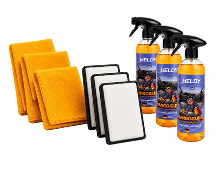 Innenraumreiniger Set 3x 750ml - Reinigt + Neutralisiert + Duftet | Inkl. 3x Mikrofasertuch & 3x Scrub Pad | Mangoglow Heldy
