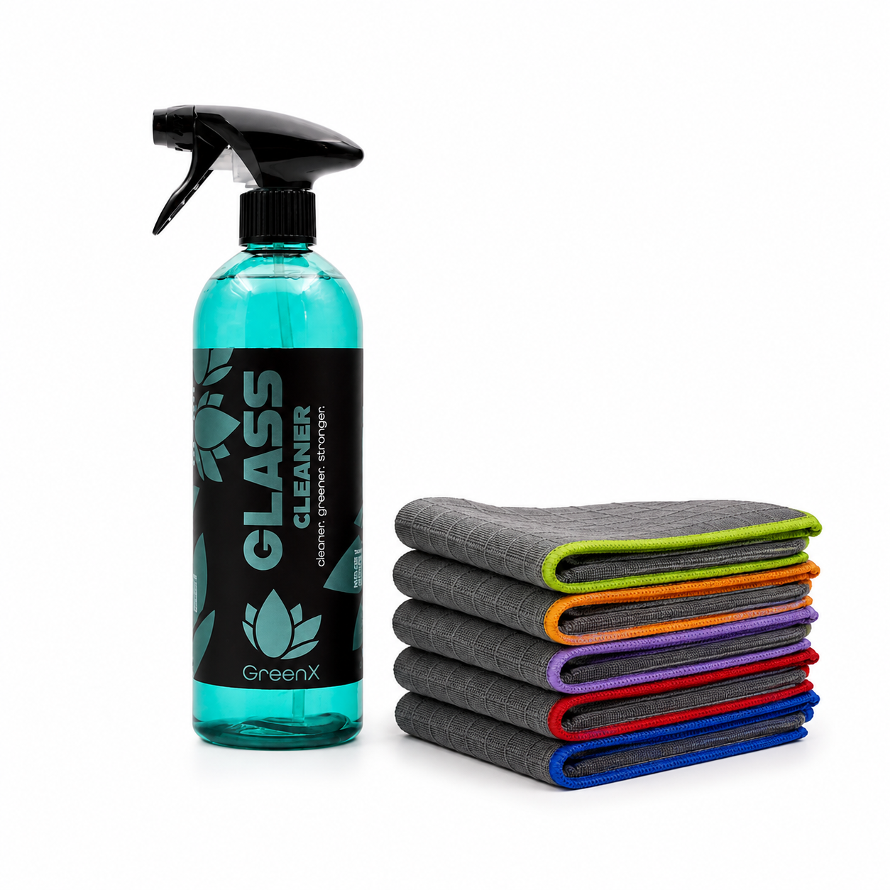 Nanolex GreenX Glasreinigungs-Set – Glass Cleaner + 5 Carbon Glastücher | Streifenfreie Autoglas-Reinigung