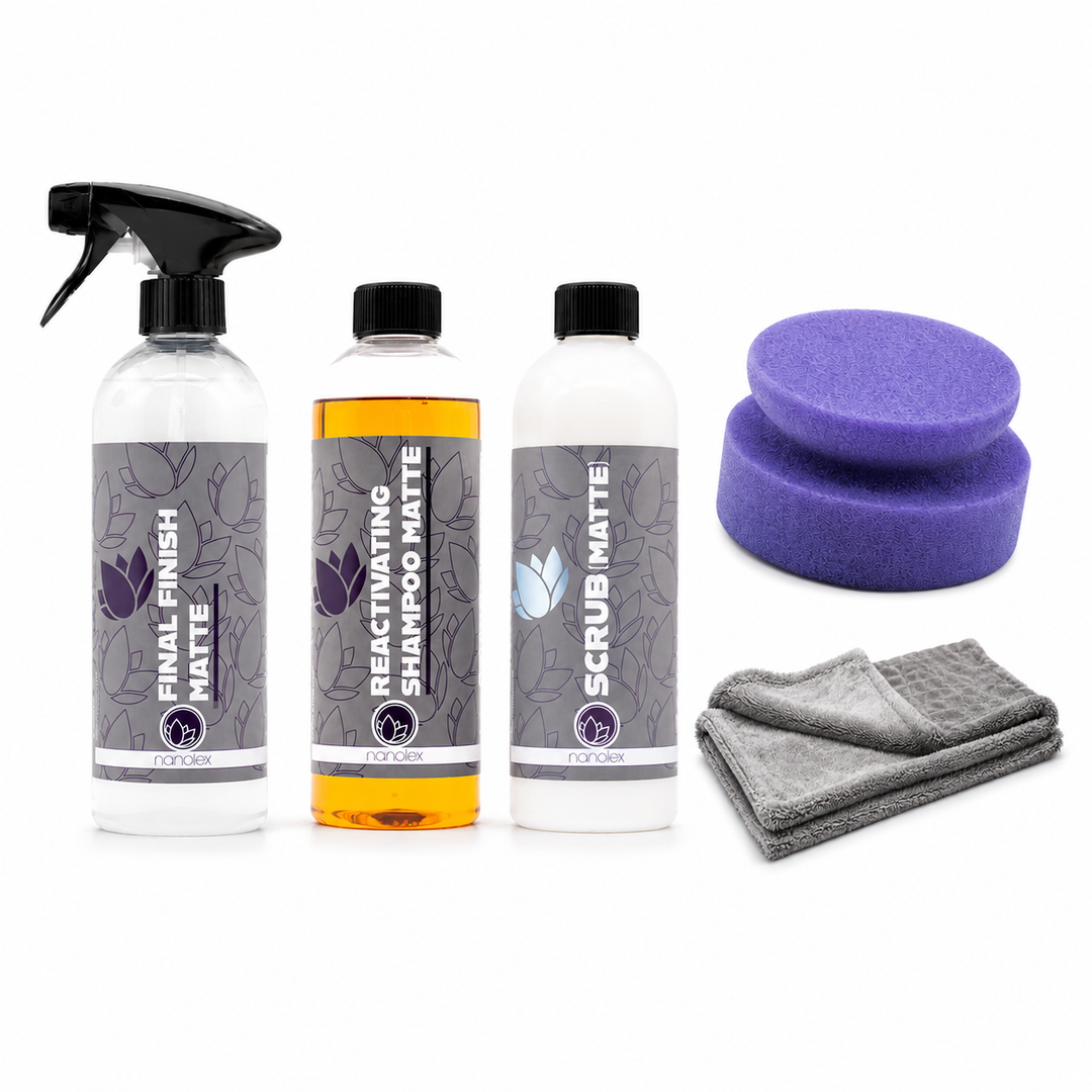 Nanolex Mattlack Autopflege Komplettset – Shampoo, Matt Scrub & Final Finish + Zubehör | Pflege-Set für matte Autos