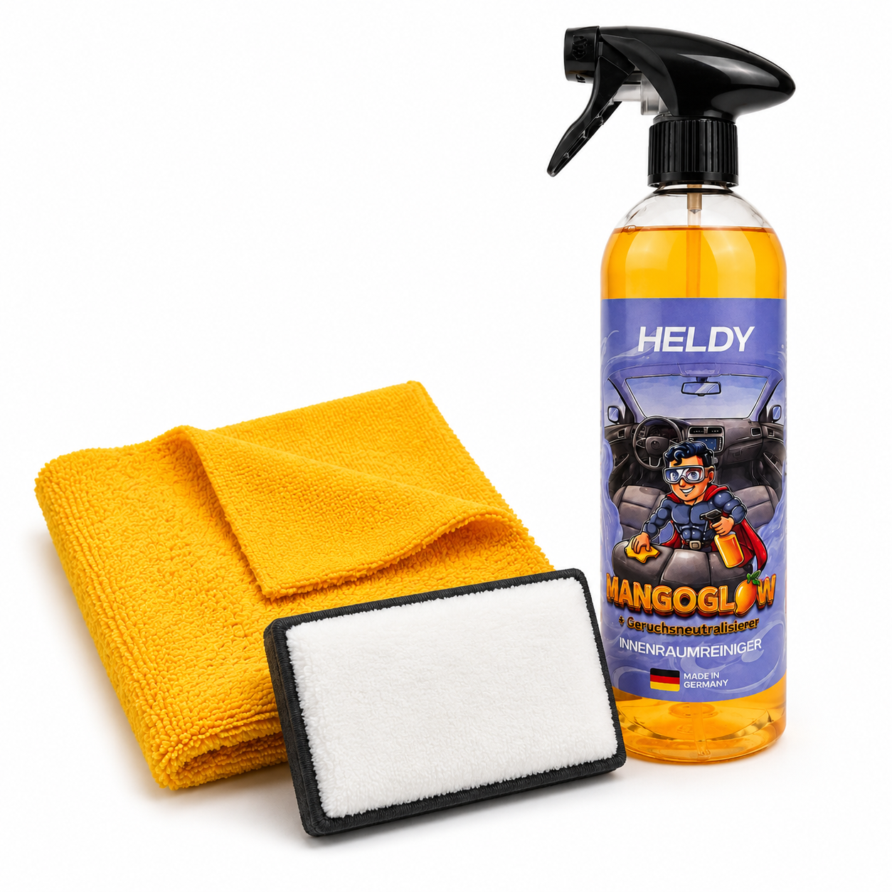 Innenraumreiniger Set 750ml — Reinigt + Neutralisiert + Duftet | Inkl. Mikrofasertuch & Scrub Pad | Mangoglow Heldy