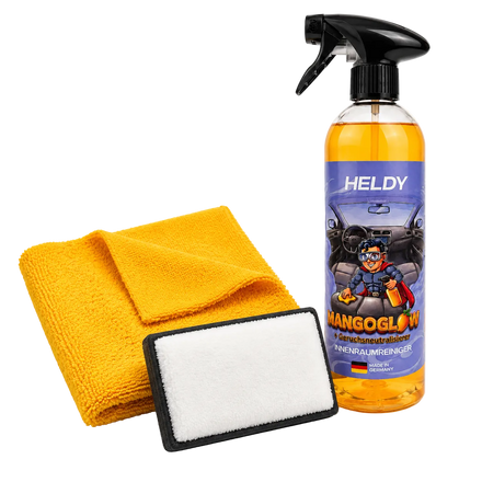 Innenraumreiniger Set 750ml — Reinigt + Neutralisiert + Duftet | Inkl. Mikrofasertuch & Scrub Pad | Mangoglow Heldy