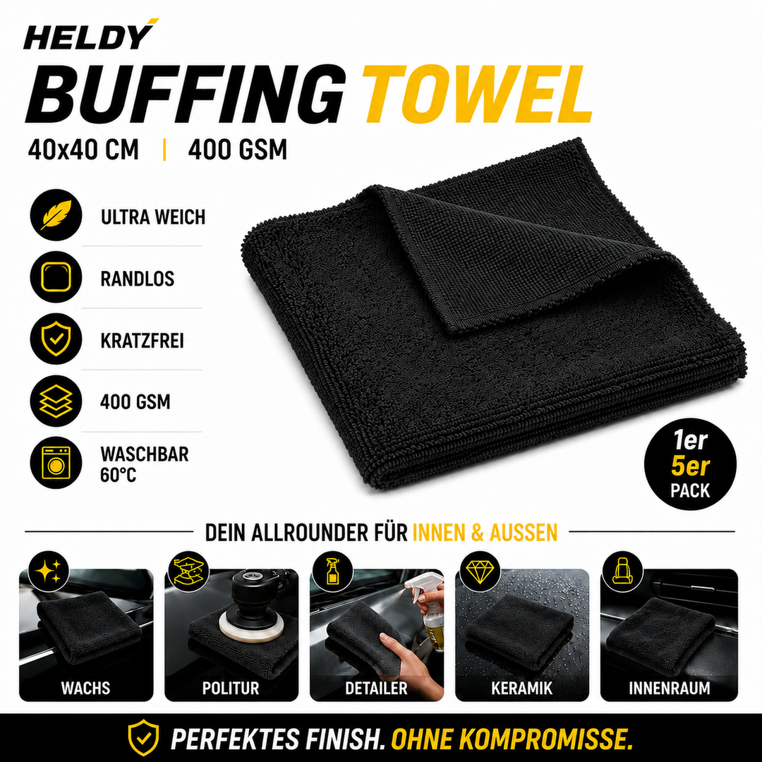 HELDY 50x Set Buffing Towel 400gsm 40x40 cm – Premium Mikrofasertuch Schwarz