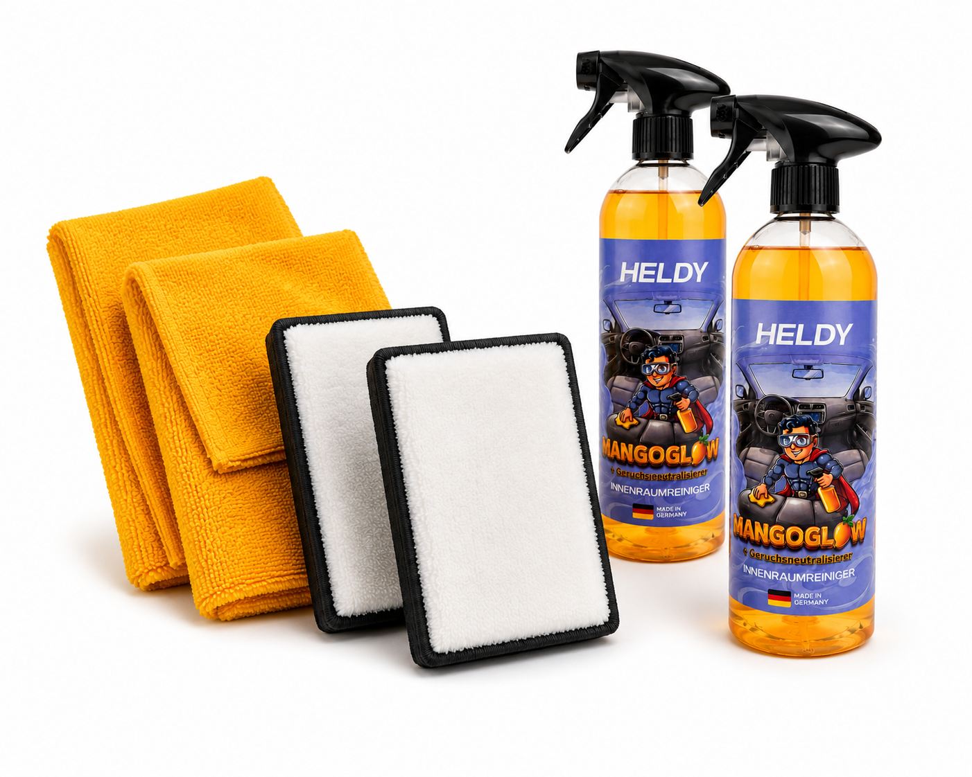 Innenraumreiniger Set 2x 750ml - Reinigt + Neutralisiert + Duftet | Inkl. 2x Mikrofasertuch & 2x Scrub Pad | Mangoglow Heldy