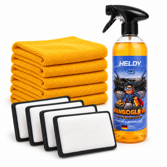 HELDY MangoGlow Profi-Set – Innenraumreiniger + 4 Scrub-Pads + 5 Mikrofasertücher
