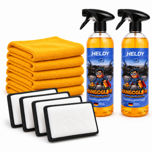HELDY MangoGlow XL-Set – 2× Innenraumreiniger + 4 Scrub-Pads + 5 Mikrofasertücher