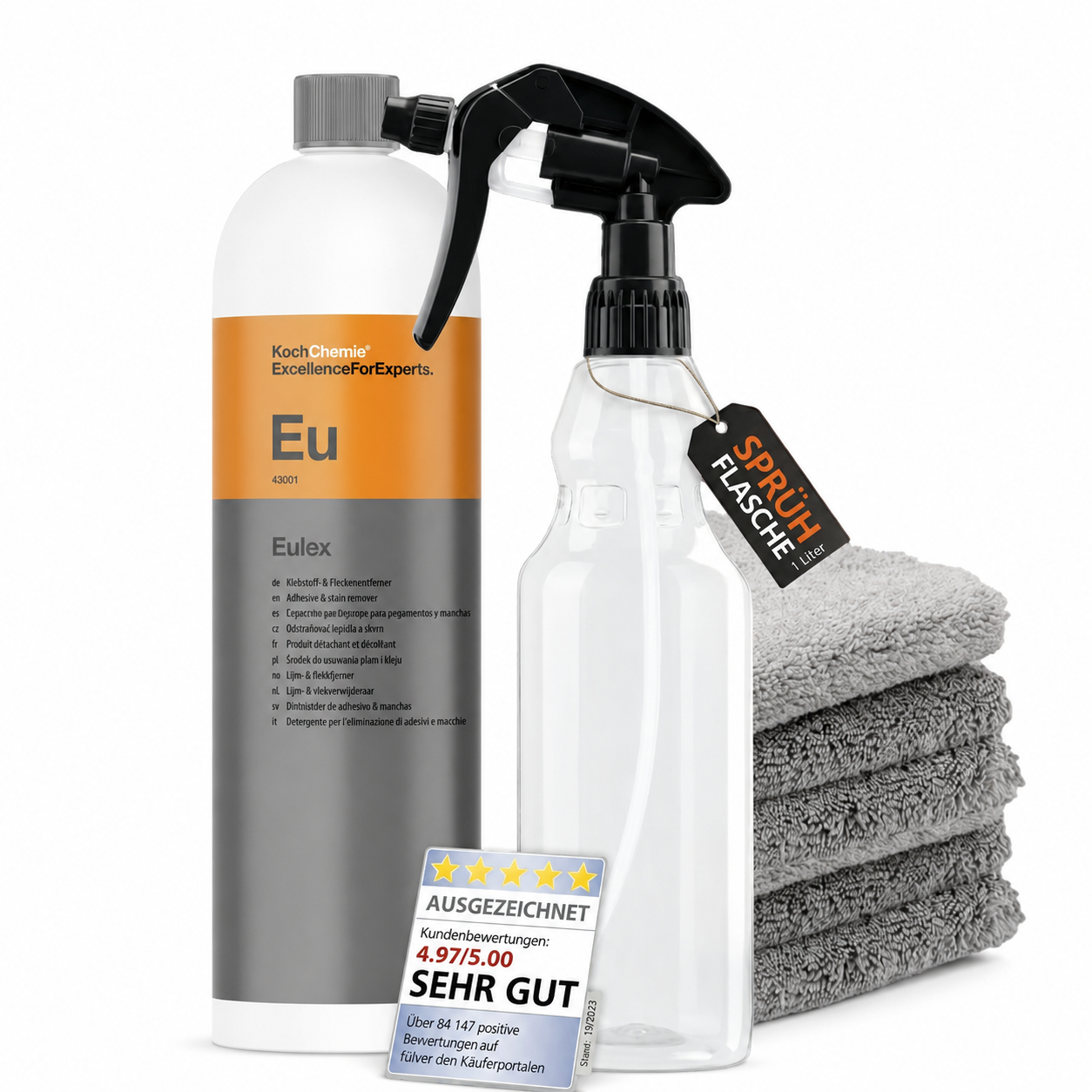Koch Chemie Eulex 1L Set – Kleber- & Teerentferner inkl. Sprühflasche + 5 Buffing Tücher