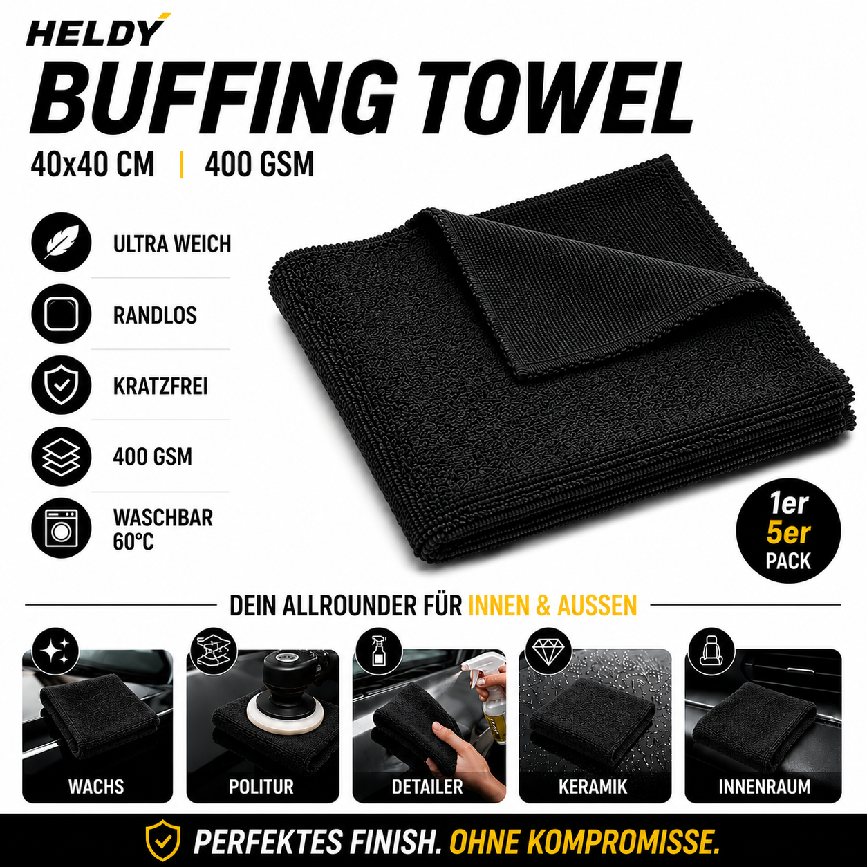 HELDY Buffing Towel 400gsm 40x40 cm – Premium Mikrofasertuch Schwarz