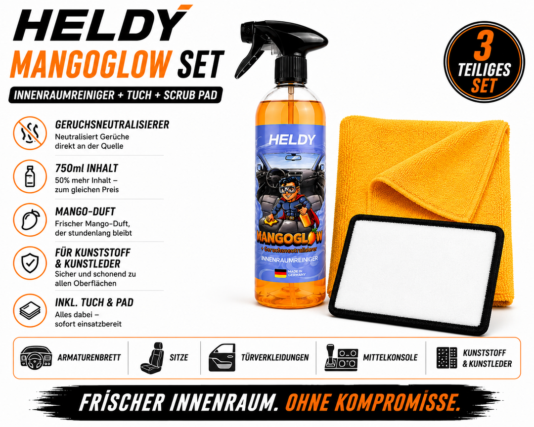 Innenraumreiniger Set 750ml — Reinigt + Neutralisiert + Duftet | Inkl. Mikrofasertuch & Scrub Pad | Mangoglow Heldy