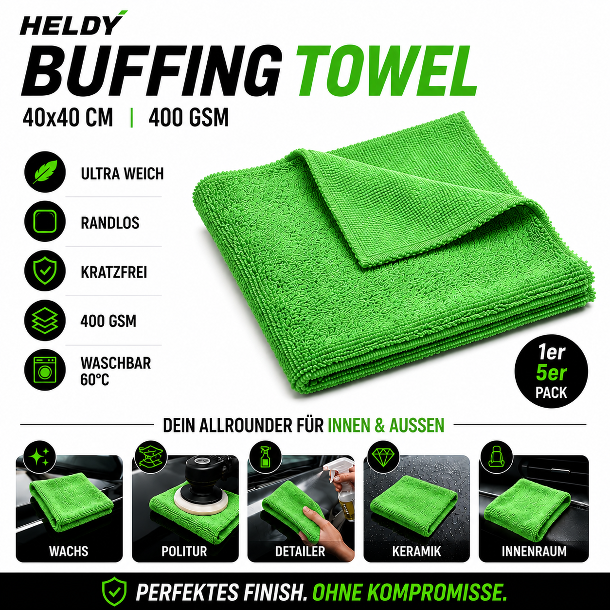 HELDY Buffing Towel 400gsm 40x40 cm – Premium Mikrofasertuch Grün